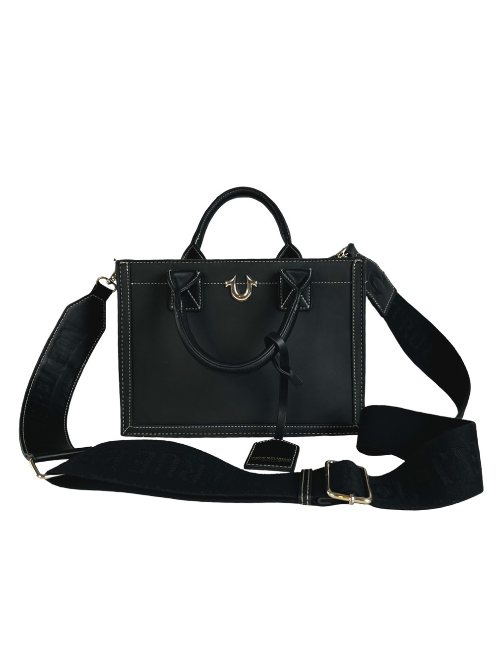 True Religion Horseshoe Mini Satchel Crossbody Bag Black Logo Strap Purse